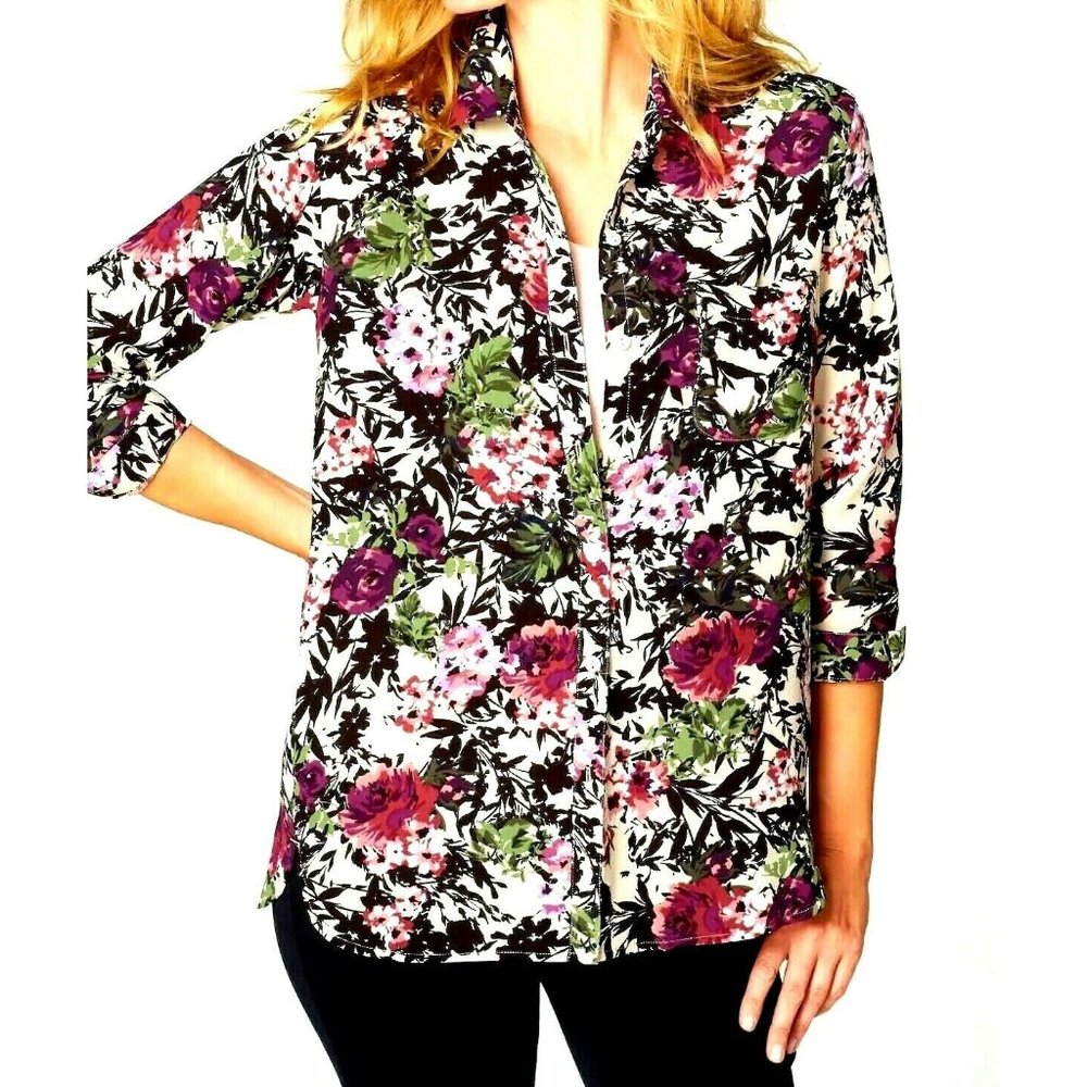 J Jill Top NEW Floral Purple Green Black Blouse Shirt L Relaxed May Fit XL